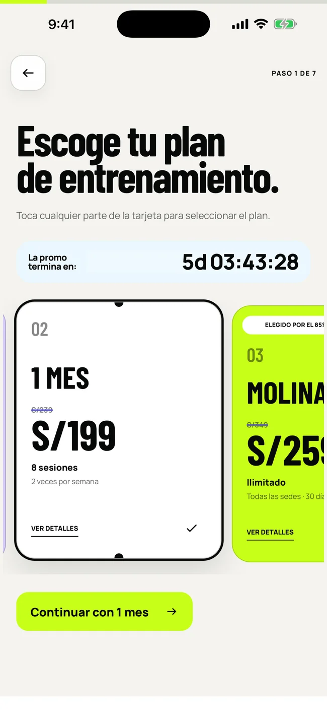 Captura real de App Molina: selección de planes