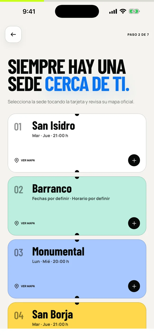 Captura real de App Molina: selección de sede